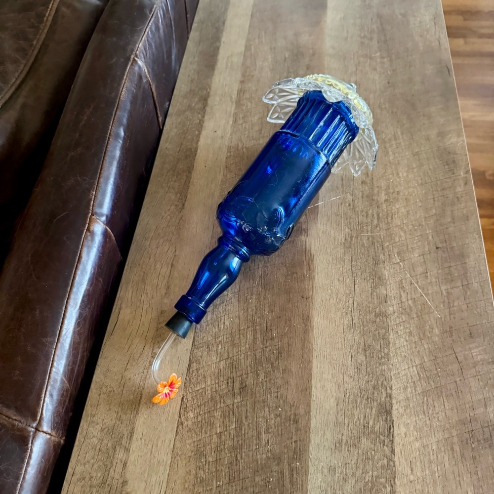 Vintage Cobalt Blue Glass Hummingbird Feeder handcrafted artisan made